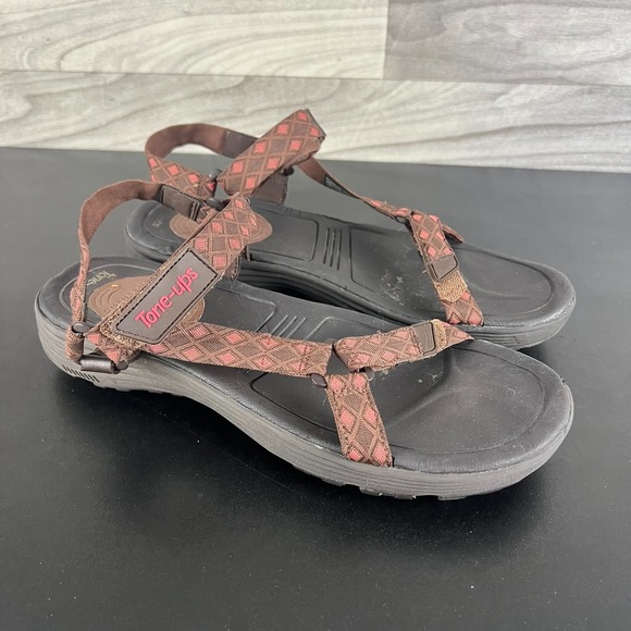 Skechers Tone-Ups Trail Sandals Women's 10 Brown Pink Leather Open Toe Outdoor - Picture 1 of 16